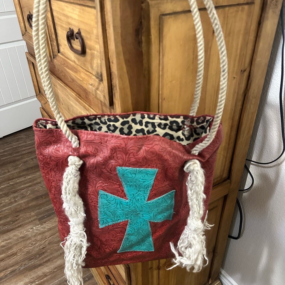 Red and Turquoise Embossed Tote Bag